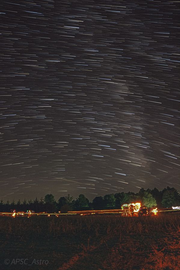 Star trails above a dark field with observers' red lights along the treeline